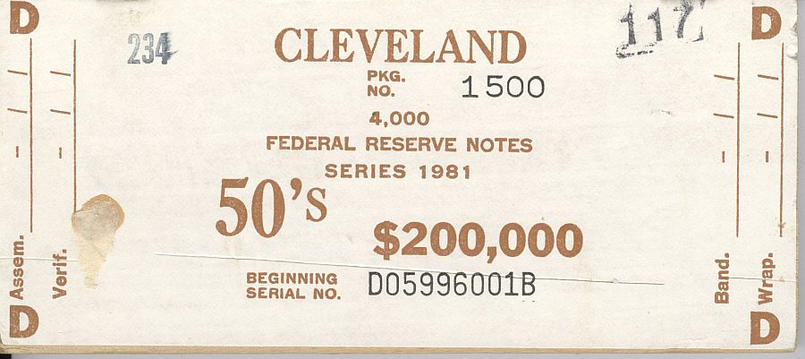 Fr.2120-D, BEP $200,000 Brick Packaging Label, 1981 Cleveland $50 FRNs, D-B Block